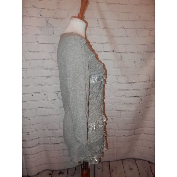 Top Small Gray Knit Vneck Cardigan Buttons Tiered - Picture 3 of 5